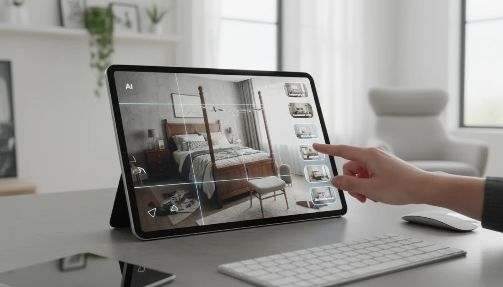 Tablet screen showing AI staging tool with interior photograph and a dropdown of design style options being selected
