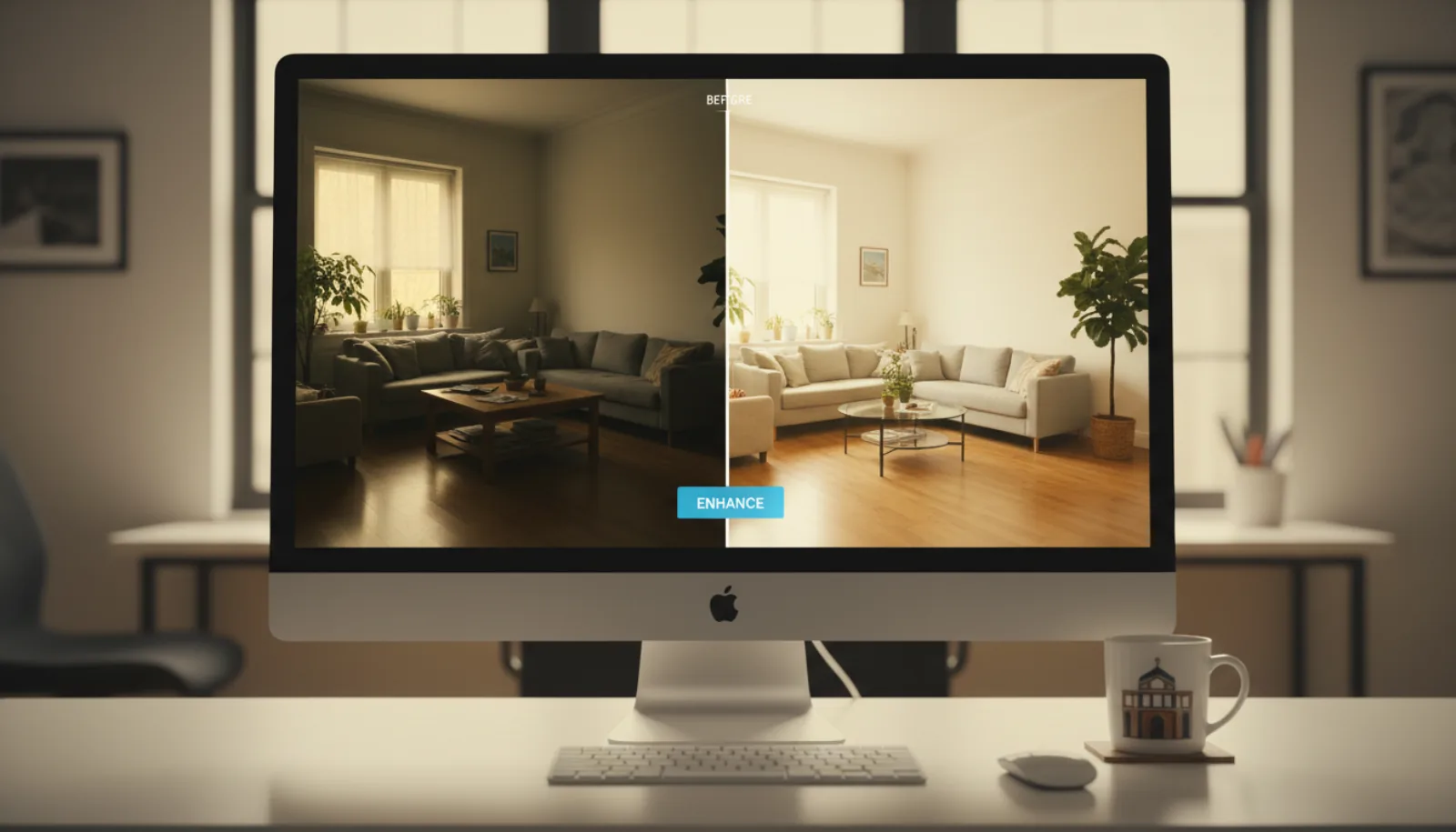 Real estate photo enhancement software with split before-and-after view of a dim raw photo and a brightened, decluttered, color-graded result