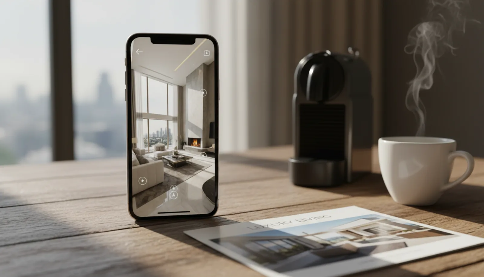 Smartphone displaying a 360-degree panorama virtual tour of a luxury home interior with hotspot navigation icons