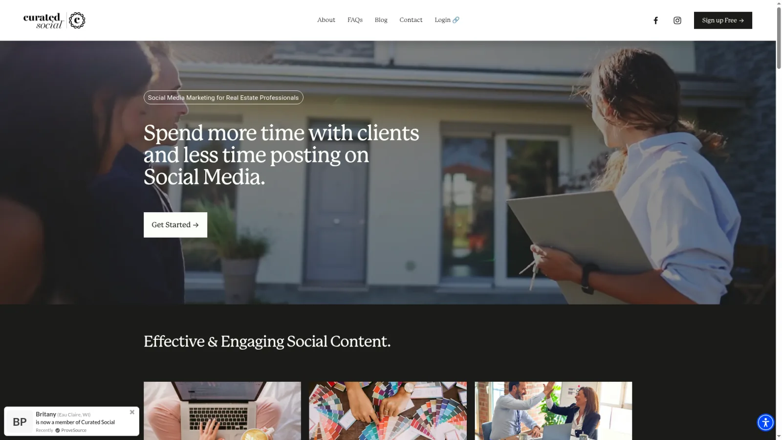 Curated Social homepage showing the Instagram-focused real estate social media management service