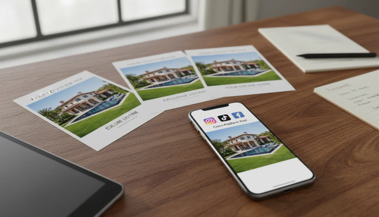 Real estate agent's smartphone displaying Instagram, TikTok, and Facebook icons with a single luxury home photo prepared for cross-platform posting