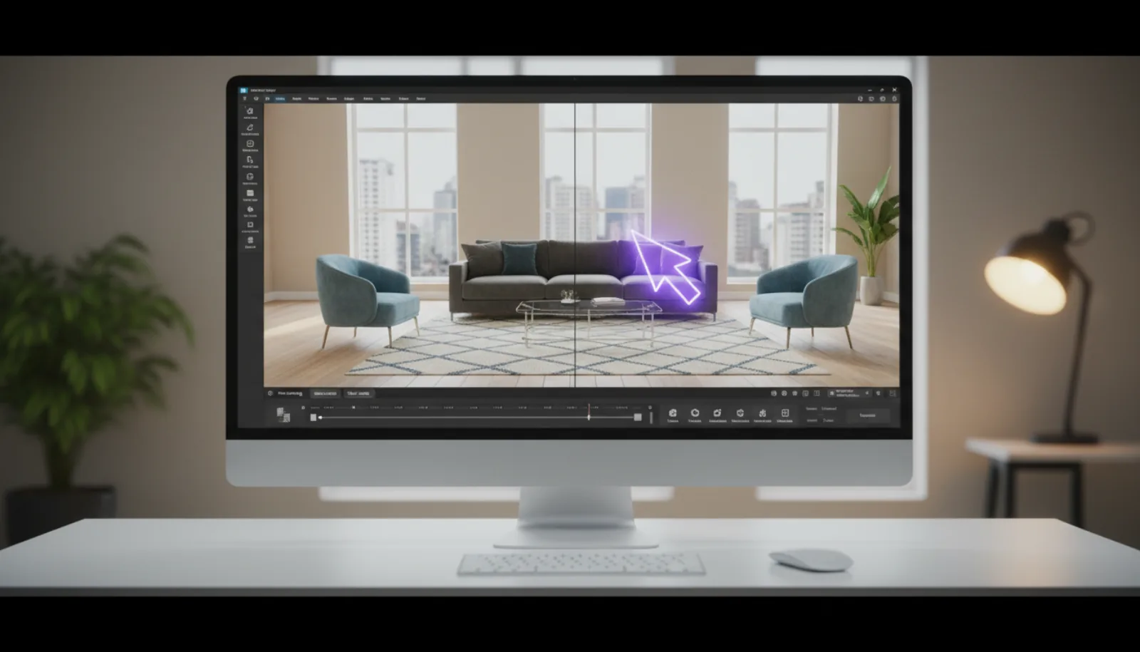 AI photo editing software interface with split-screen view of an empty room and the same room being virtually staged with a sofa and accent chairs
