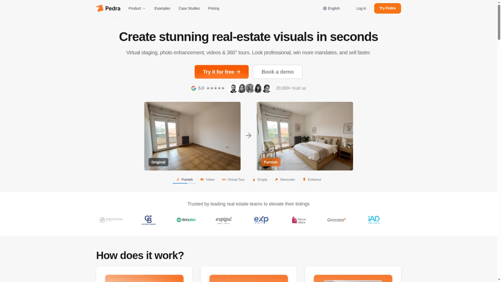 Pedra homepage showing the AI virtual staging and real estate visuals platform