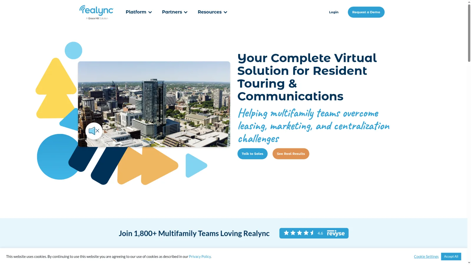 Realync homepage showcasing the multifamily video engagement and virtual leasing platform