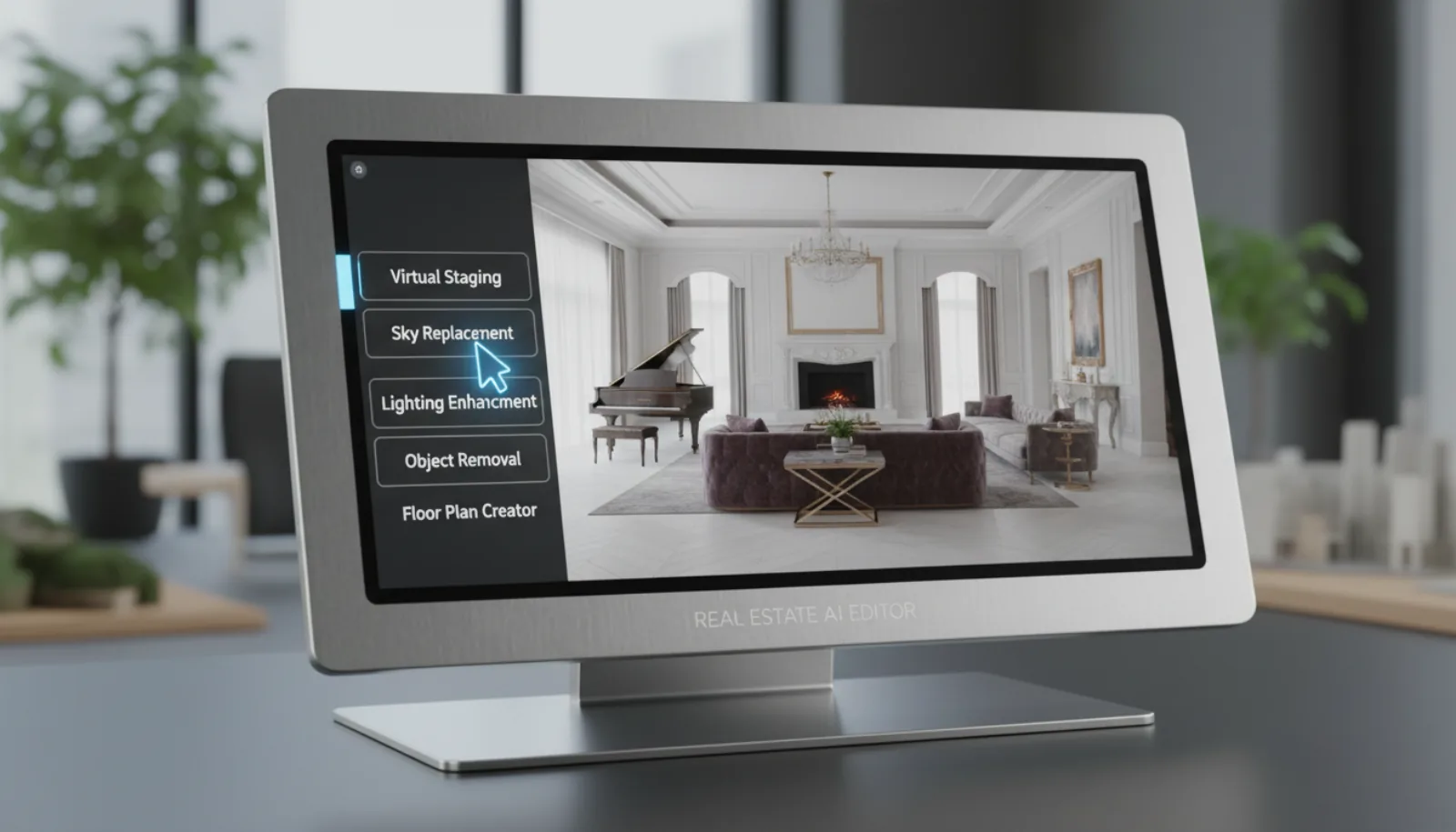 Real estate AI photo editor with a luxury home interior on screen and sidebar tools labeled Virtual Staging, Sky Replacement, Lighting Enhancement, Object Removal